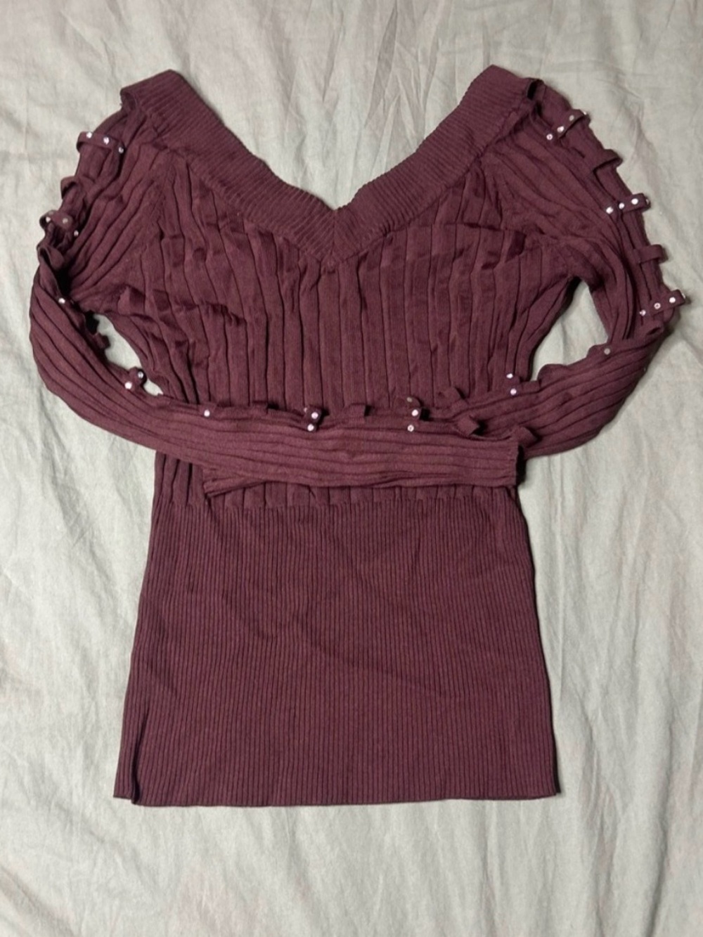 Women’s Off Shoulder V-Neck Ribbed Sweater with Pearl Accent - Burgundy